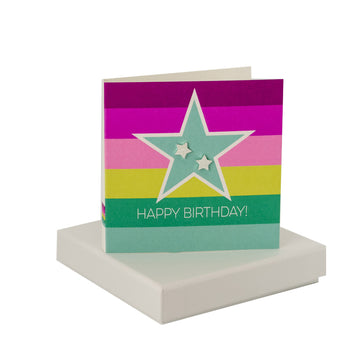 Happy Birthday Stripe Star Card - Sparkly Silver Star Studs Coral and Mint